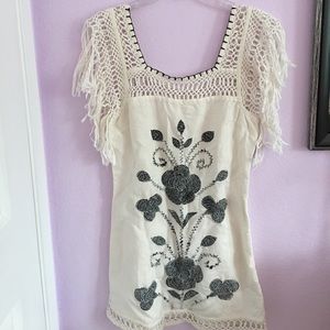 Free People Off White and Black Embroidered Dress
