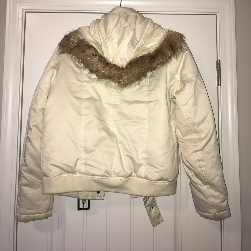 Cream Down Puffer Jacket with faux fur hood