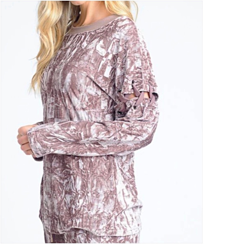 Softest Mocha Cream Velvet Laceup Top SML - Picture 2 of 5