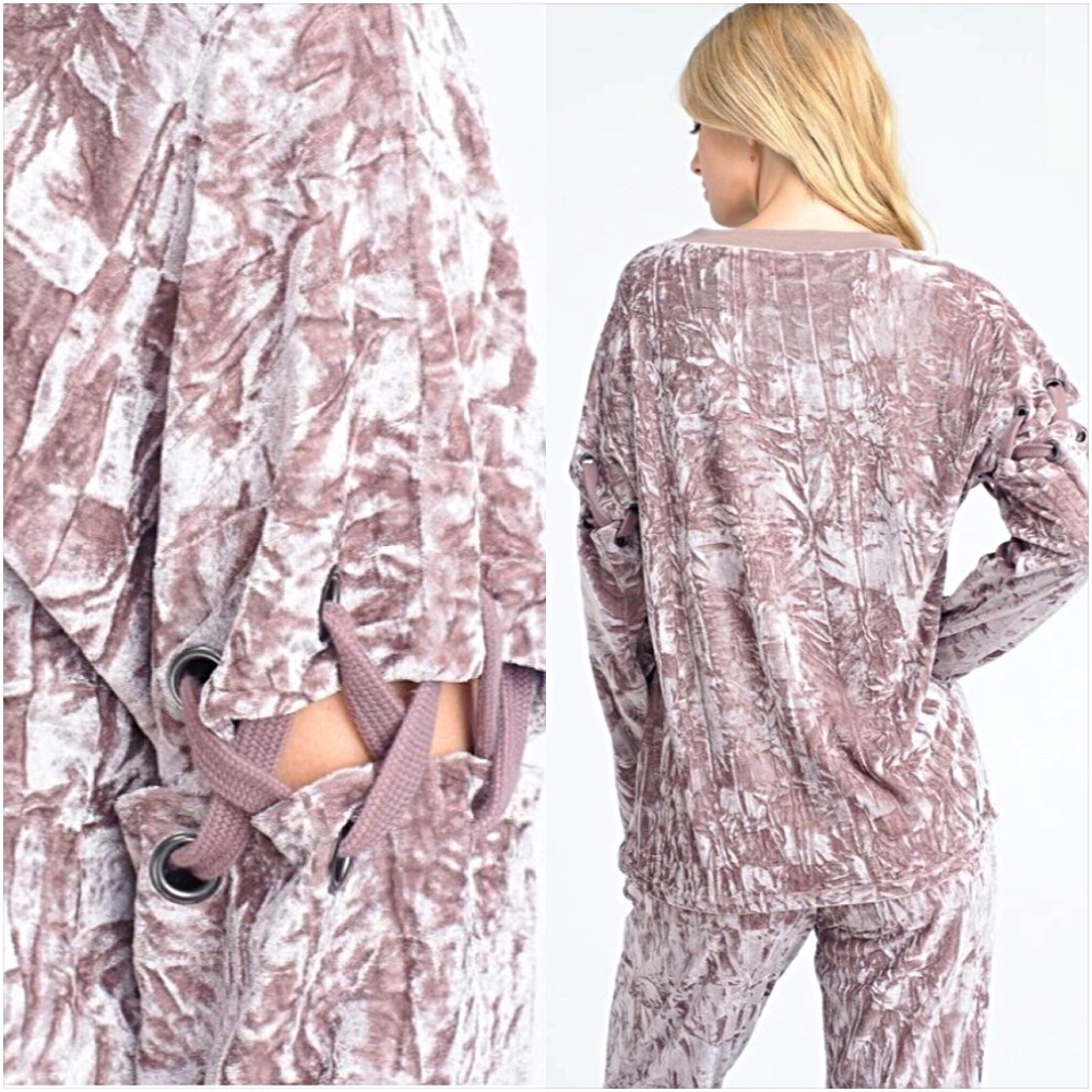 Softest Mocha Cream Velvet Laceup Top SML - Picture 3 of 5