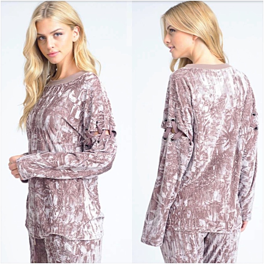 Softest Mocha Cream Velvet Laceup Top SML - Picture 4 of 5