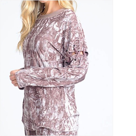 Softest Mocha Cream Velvet Laceup Top SML - Picture 2 of 5