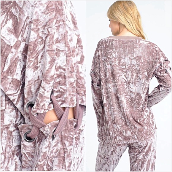 Softest Mocha Cream Velvet Laceup Top SML - Picture 3 of 5