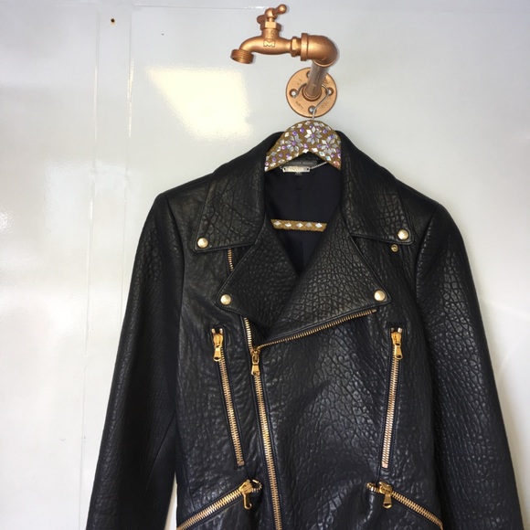 SOLD ALEXANDER MCQUEEN BLACK AQUA LEATHER JACKT 44 - Picture 2 of 8