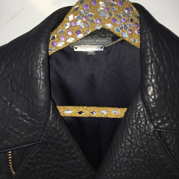 SOLD ALEXANDER MCQUEEN BLACK AQUA LEATHER JACKT 44 - Picture 5 of 8