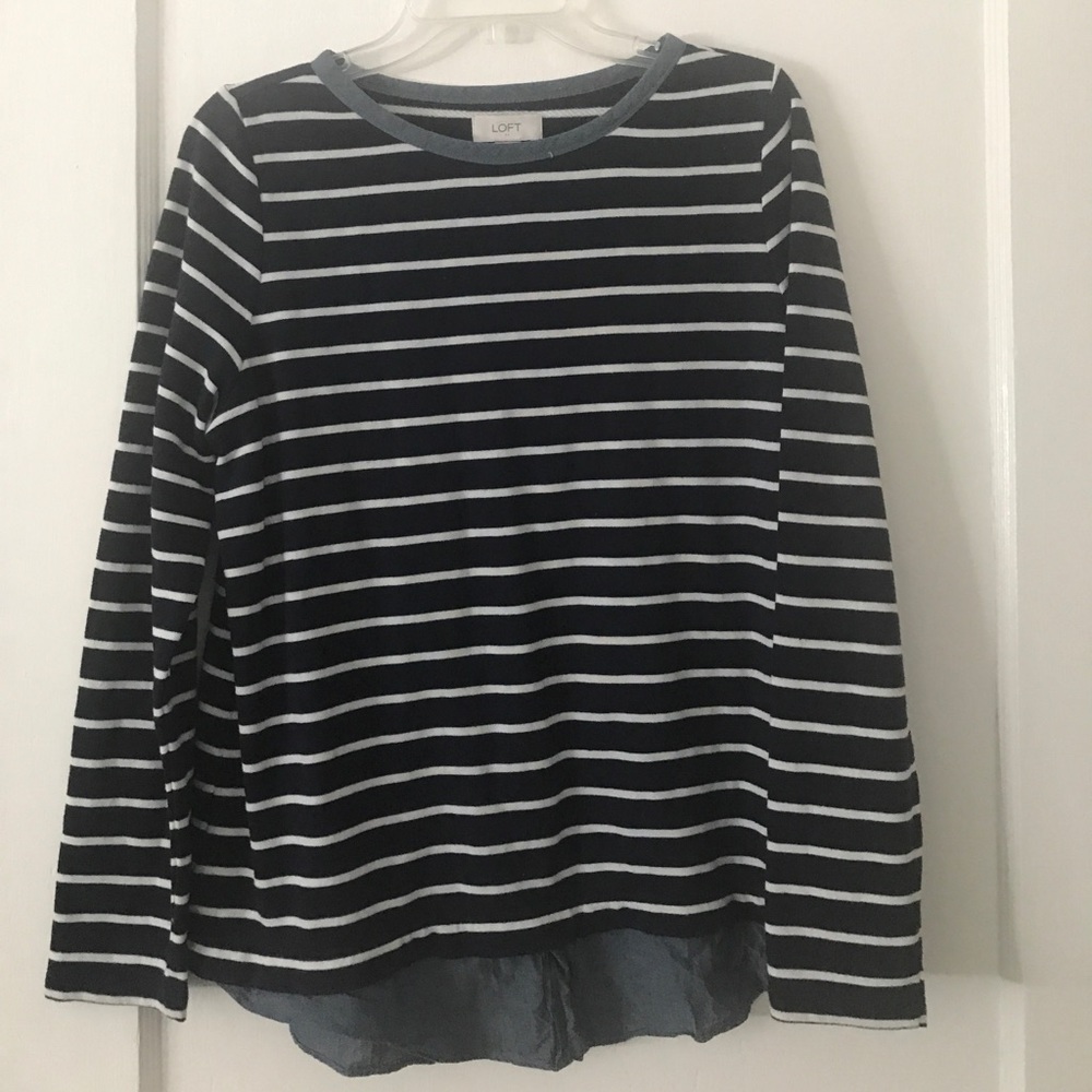 Navy and white loft sweater with chambray detail