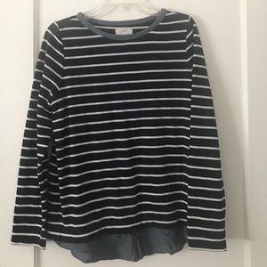 Navy and white loft sweater with chambray detail