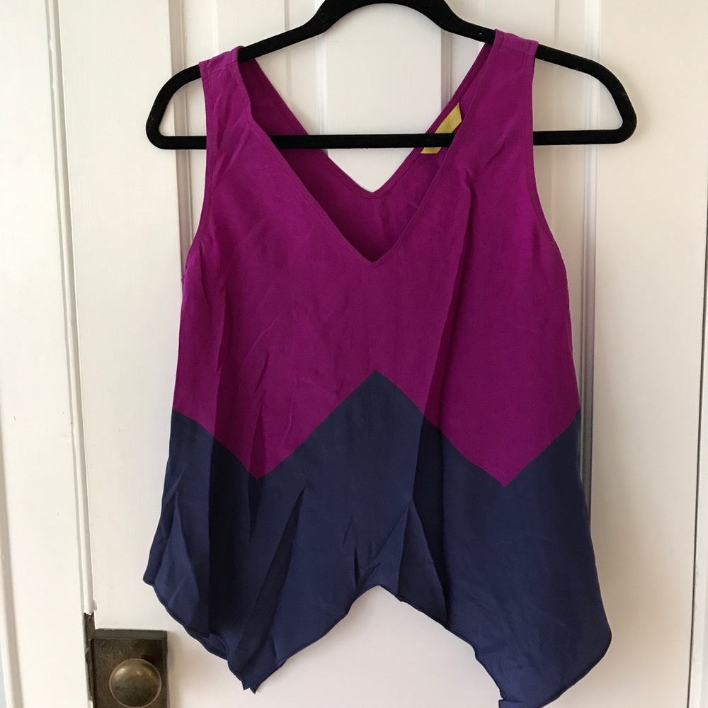 Aaron Ashe Purple and Navy Zigzag Hem Silk Tank