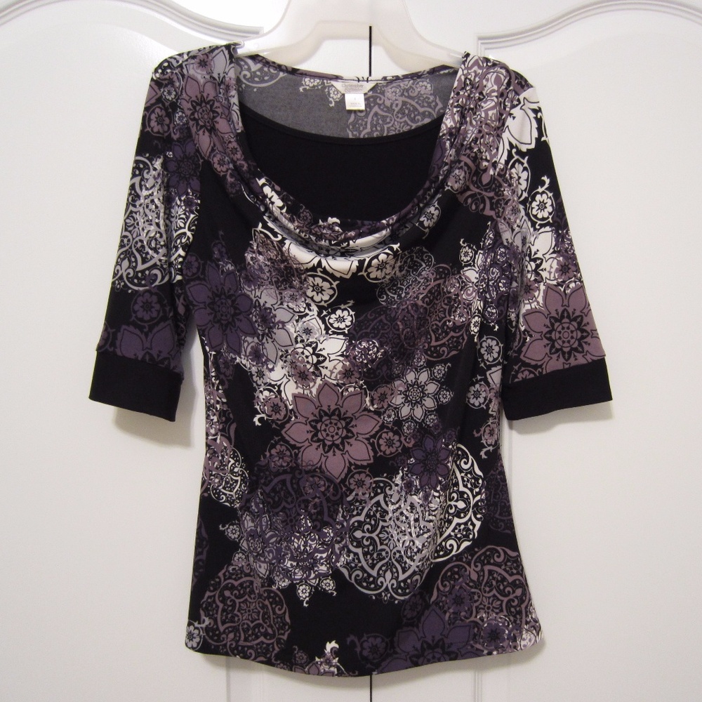 Purple, Black Floral cowl neck 3/4 Sleeve Blouse