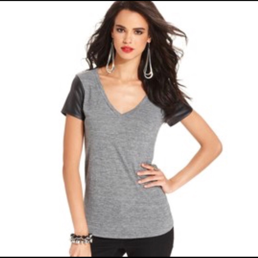 GUESS Top, Short Sleeve V-neck Faux - Leather Tee