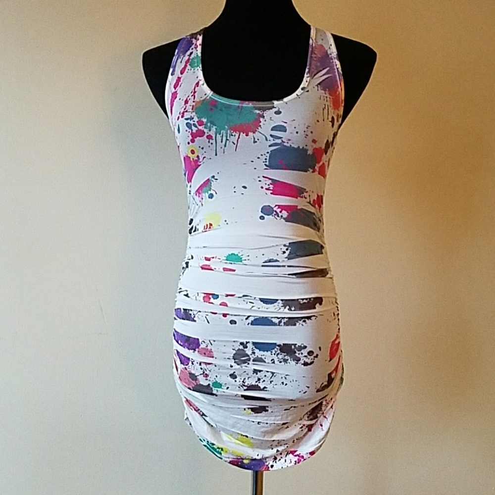 Paint splattered rouched mini racer back dress