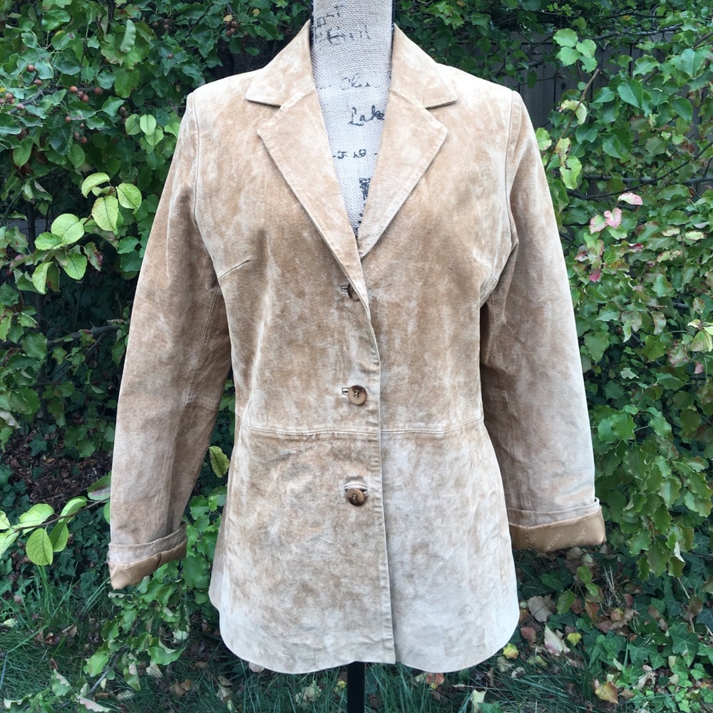 Jones New York Beige Genuine Leather Suede Jacket - Picture 1 of 8