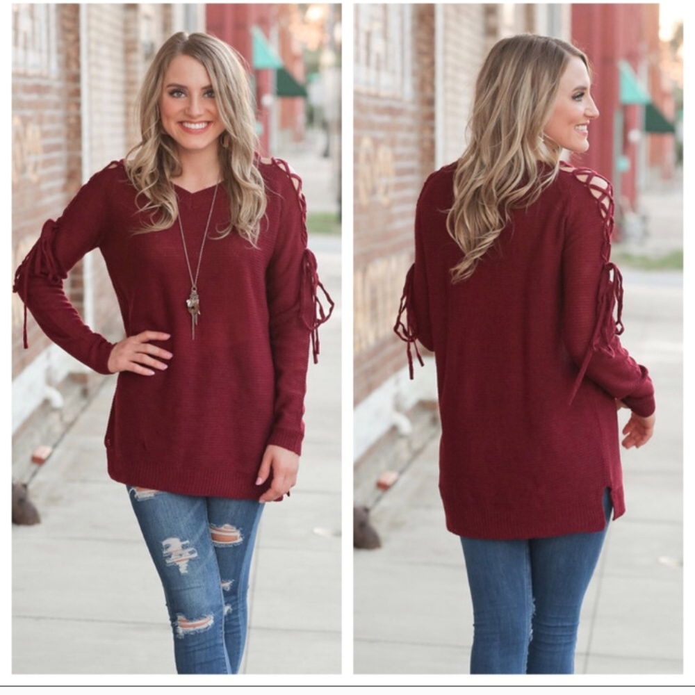 Burgundy Lace-Up Sweater