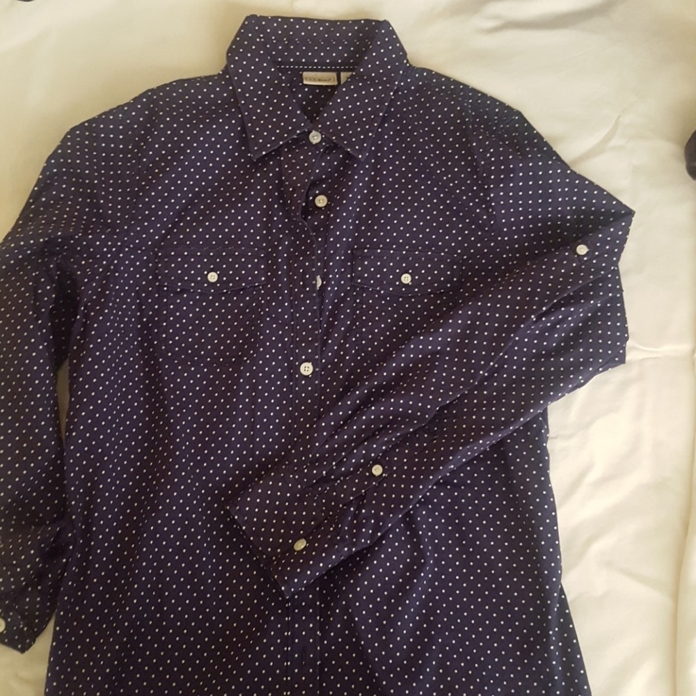 Navy and White polka dot button down