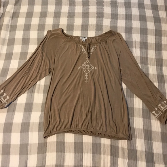 Tan Embroidered Flowy Boho Blouse Top - Picture 1 of 5