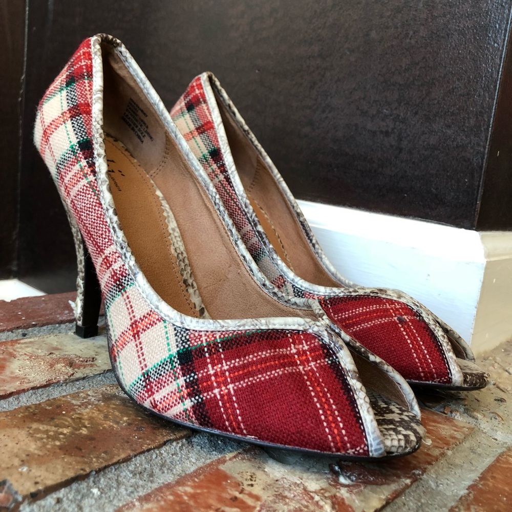 Shi Peep Toe Heels, Plaid and Faux Snake Skin