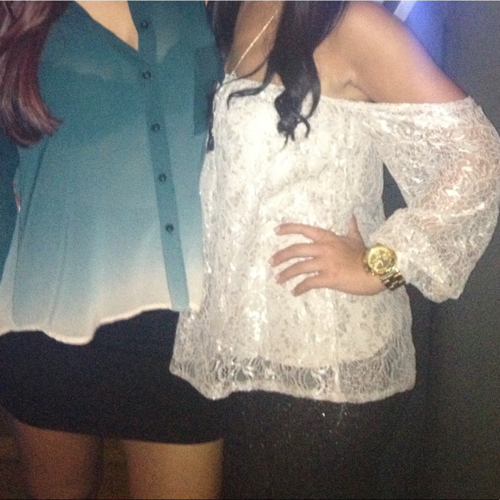 BOGO50%: beige off shoulder lace long sleeve shirt