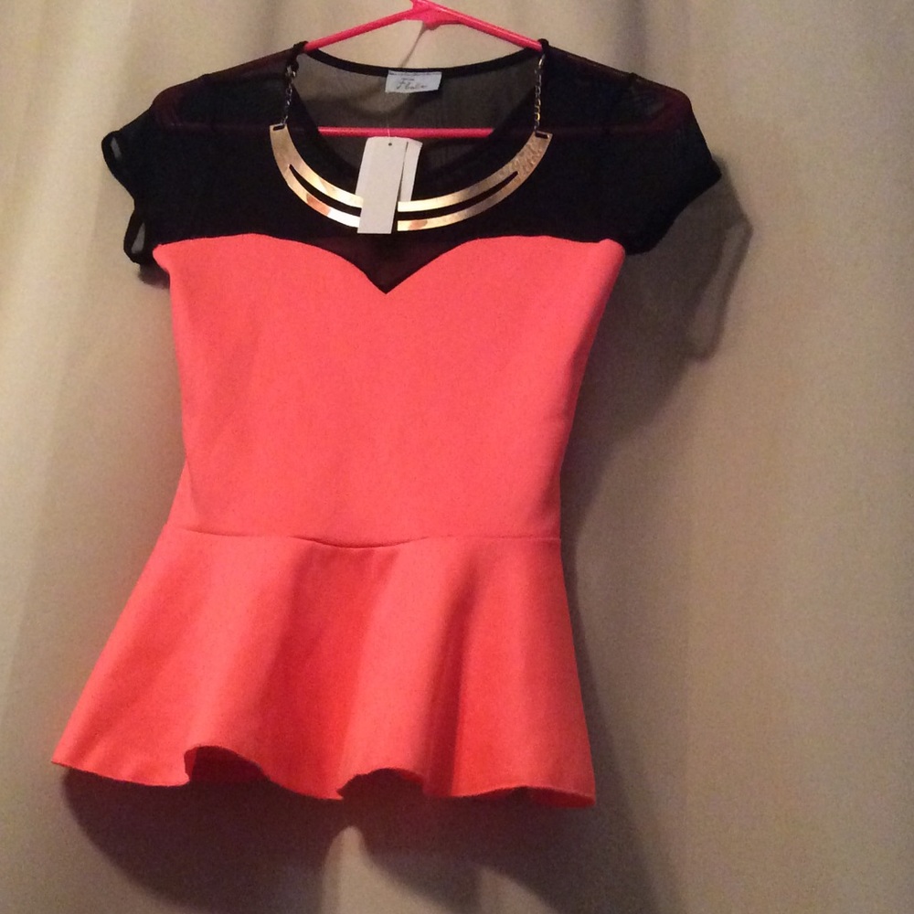 NWOTPink/Black Top w/ metallic built-in necklace