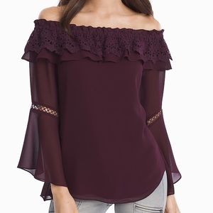 OFF-THE-SHOULDER CROCHET TRIM BLOUSE