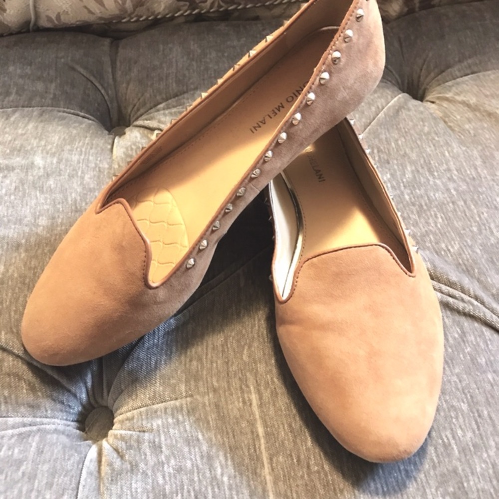Antonio Melani leather and gold studded flats.