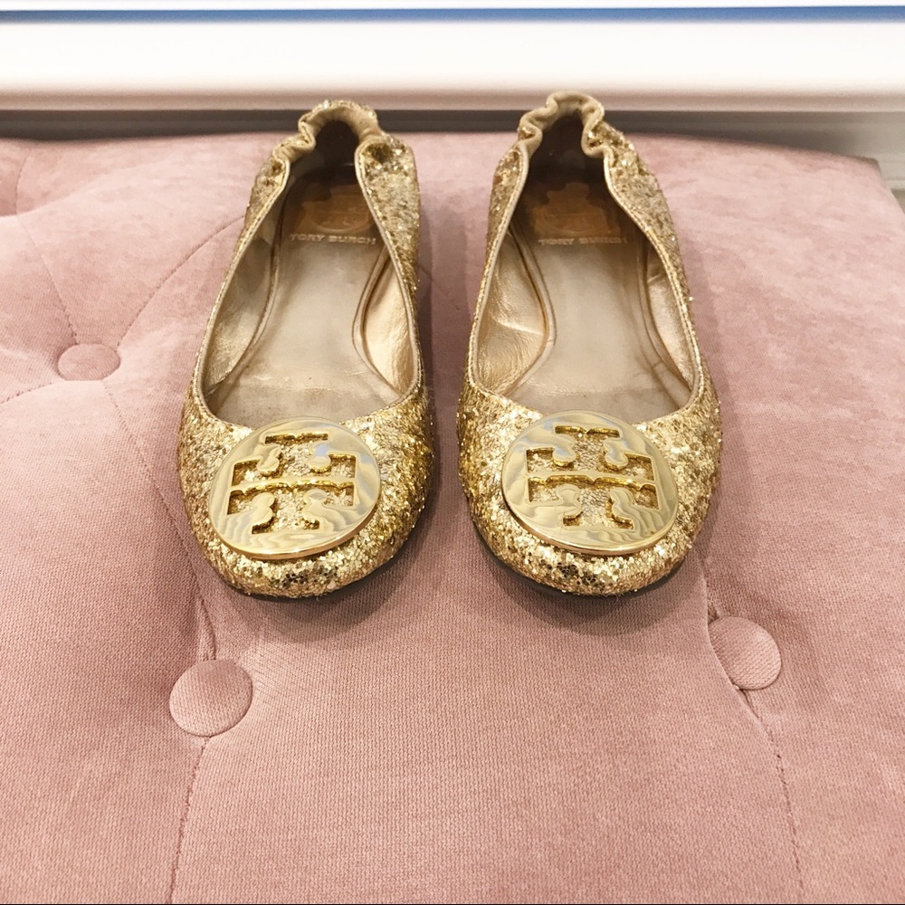 Authentic Tory Burch Gold Glitter Reva Flats 5.5