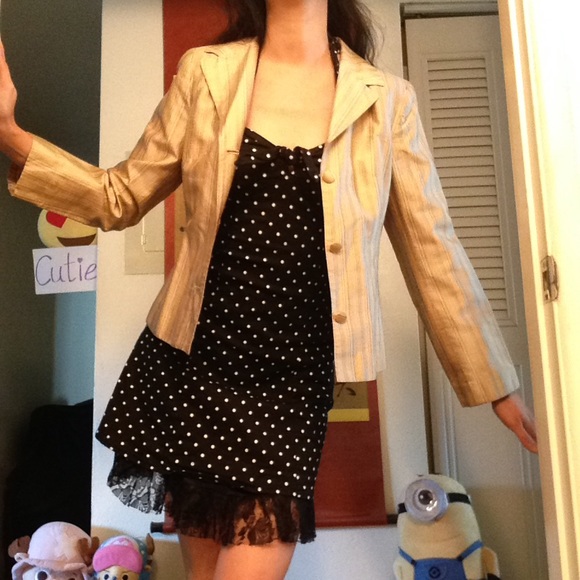 Lynn Lugo 100% Silk Golden Striped Blazer Jacket 2 - Picture 2 of 3