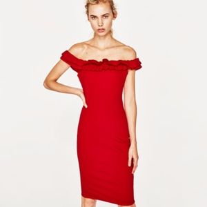 NWOT Zara - Fitted Off the Shoulder Dress - Red