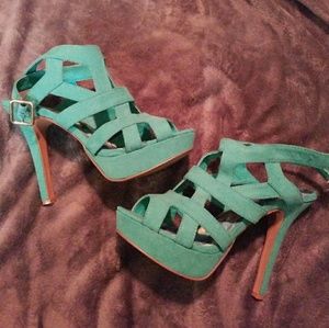 Teal mint cutout sandal heels