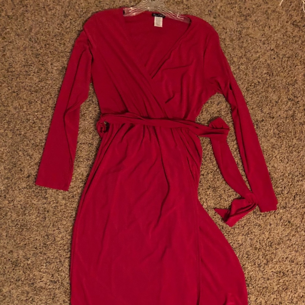 Maxi length, long sleeve, wrap dress.
