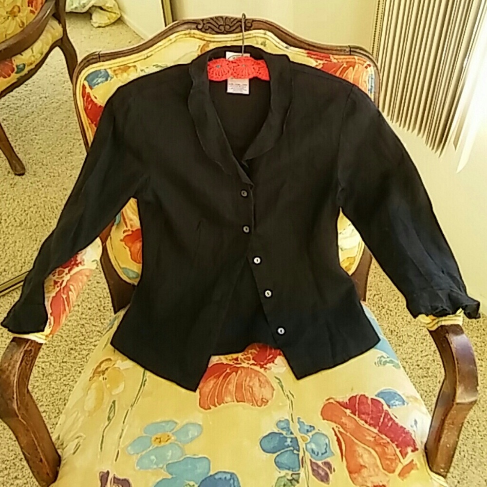 Laura Ashley Black Linen Blouse-Button Front Sz 8.