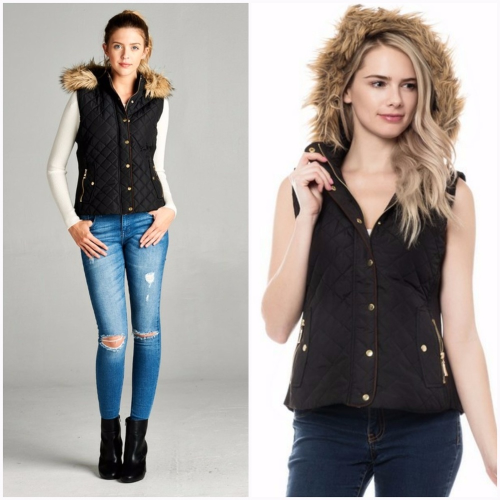 Faux Fur Trimmed Black Quilted Vest - Picture 5 of 6