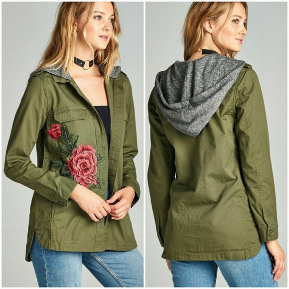 AJ's Threads Jackets & Blazers - Terry Hooded Utility Jacket w/Floral Patch