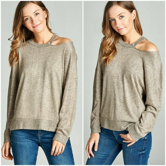 Taupe Cut Out Detail Hacci Sweater Top - Picture 6 of 7