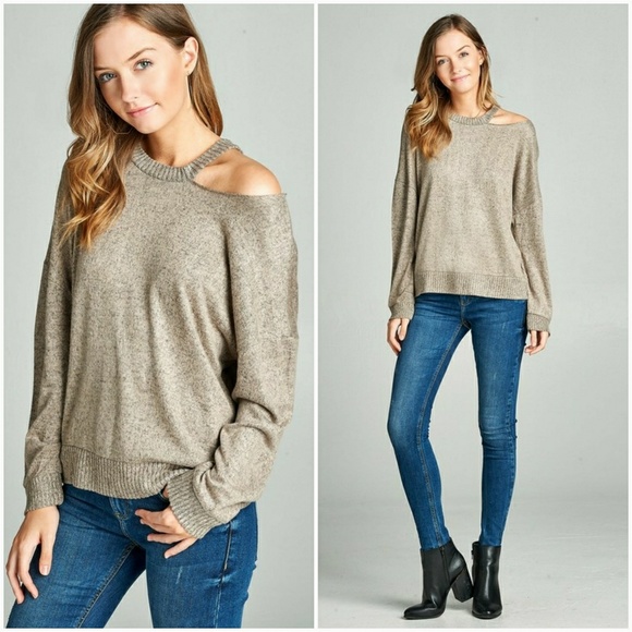 Taupe Cut Out Detail Hacci Sweater Top - Picture 2 of 7