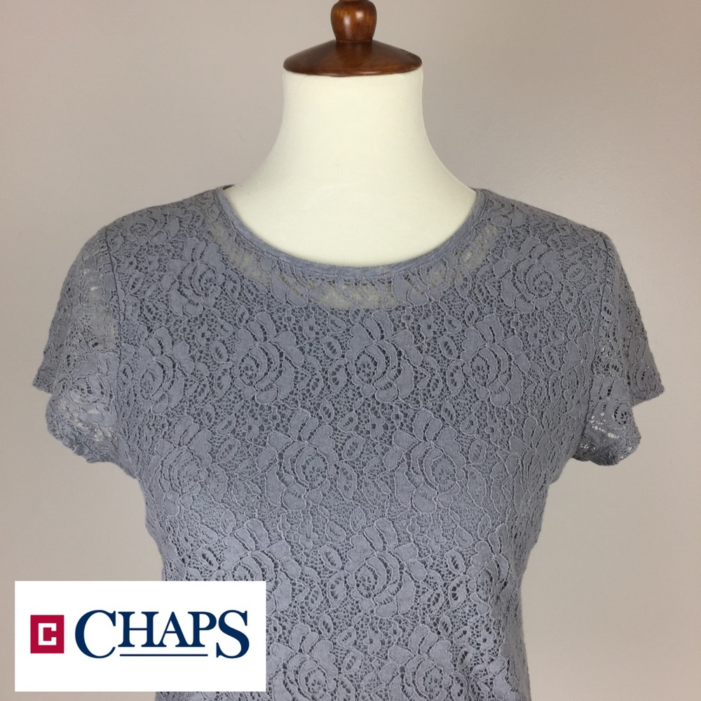 Chaps Gray Lace Overlay Short Sleeve Top
