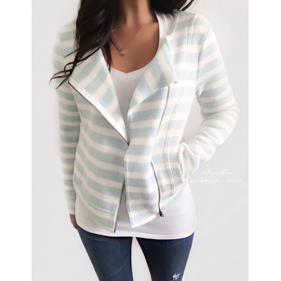 Caslon Jackets & Blazers - Knit Mint & White Stripe Fleece Lined Moto Jacket