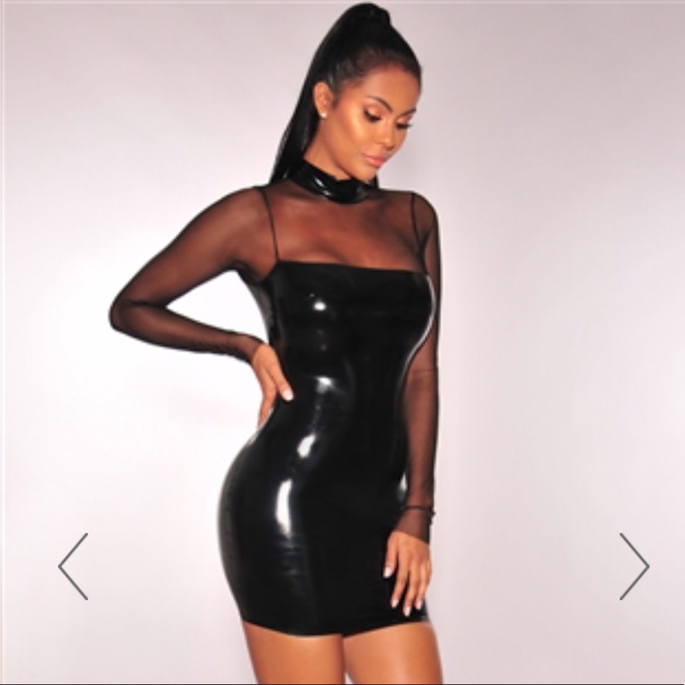 Black Latex Sheer Mesh Long Sleeves Dress