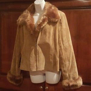 Suede jacket removable fur trim lining.