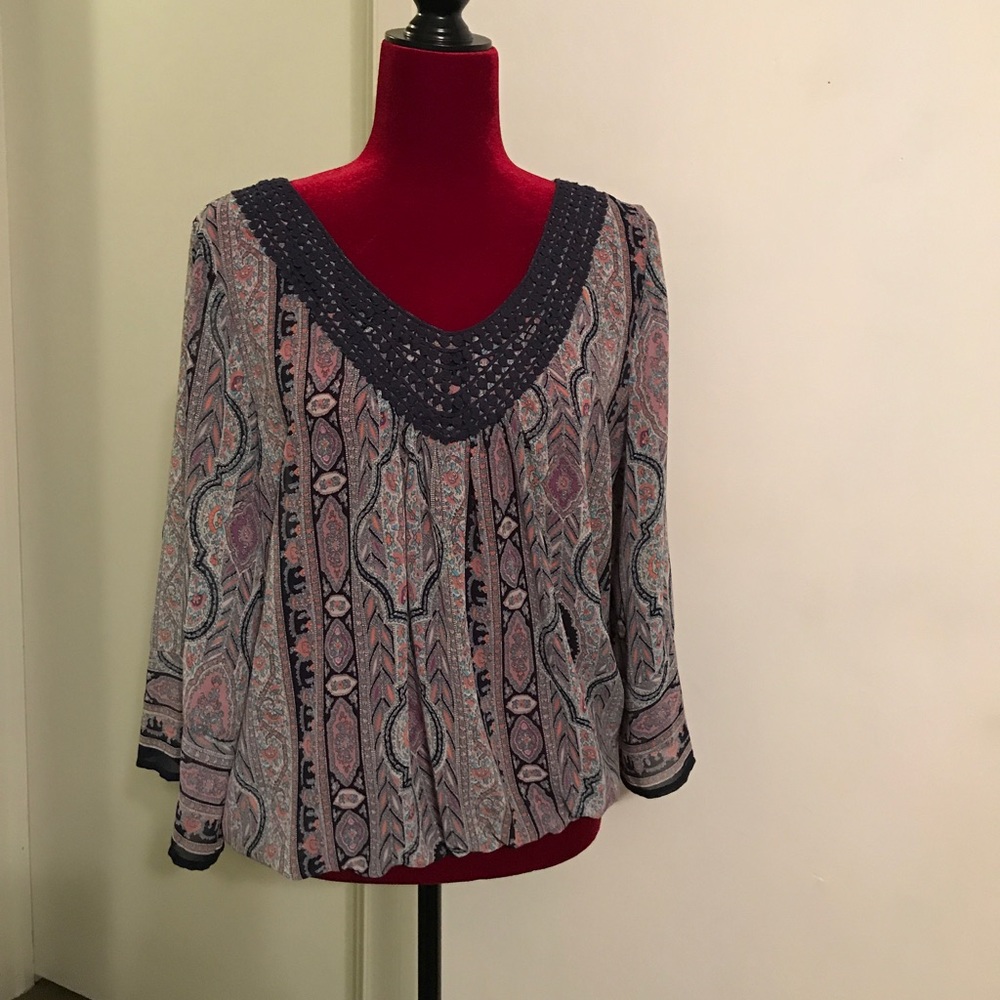 Paisley Print, Crocheted Neck Blouse
