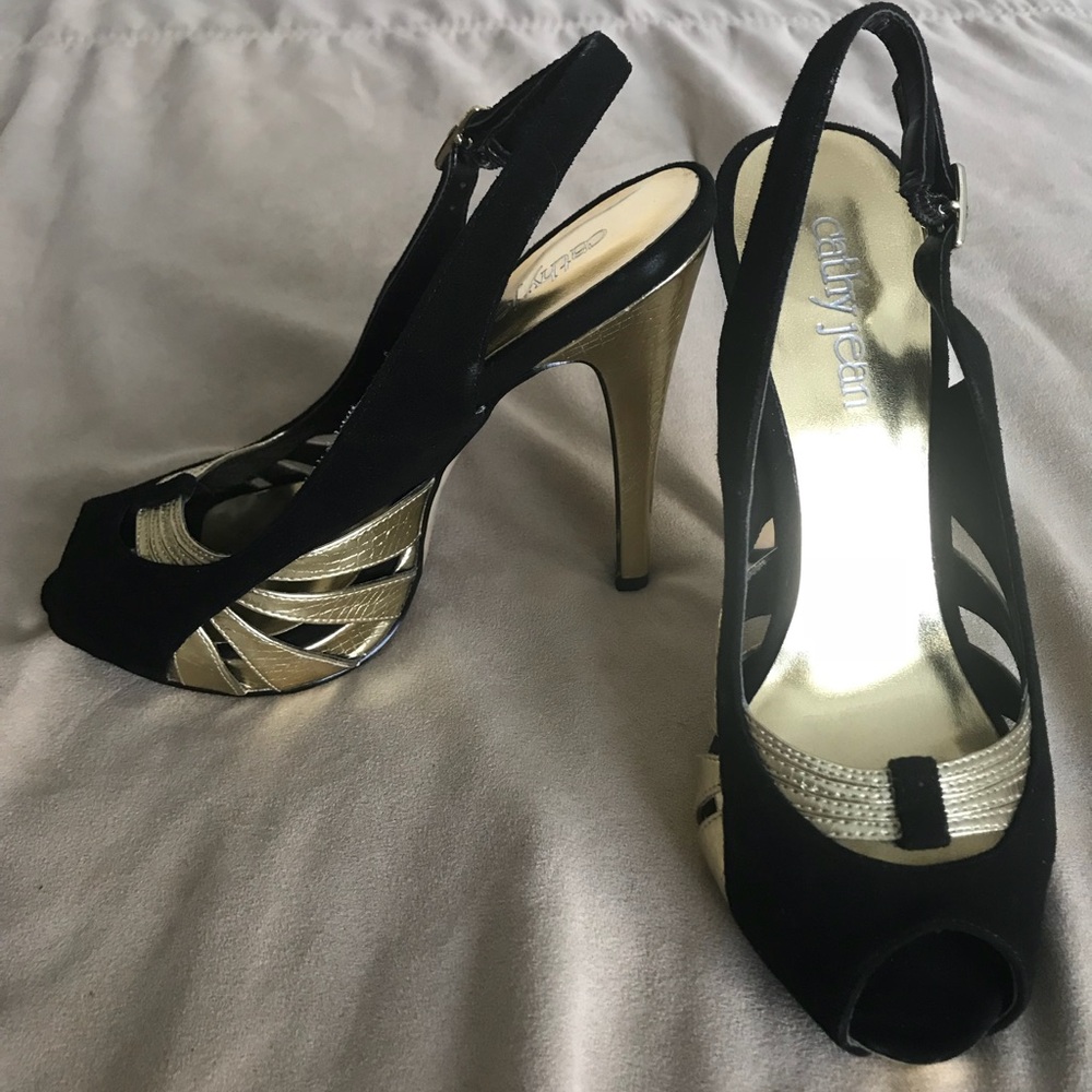 Cathy jean gold and black sling backs
