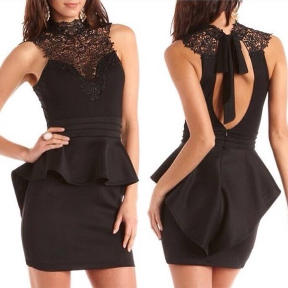 Black Crochet Peplum Dress - Picture 1 of 5