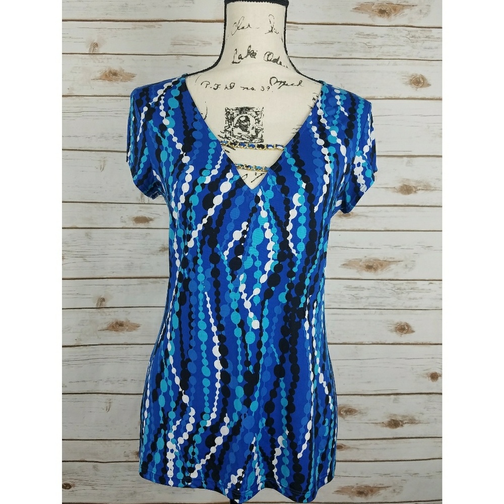 Caché Blue Abstract Top Gold Chain Detail V Neck