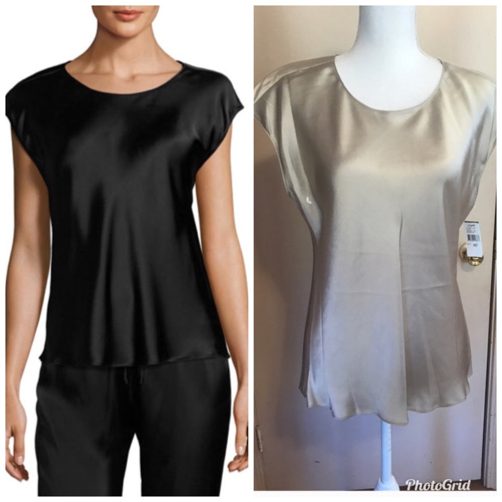 Josie Natori Cap Sleeve Silver 100% Silk Blouse