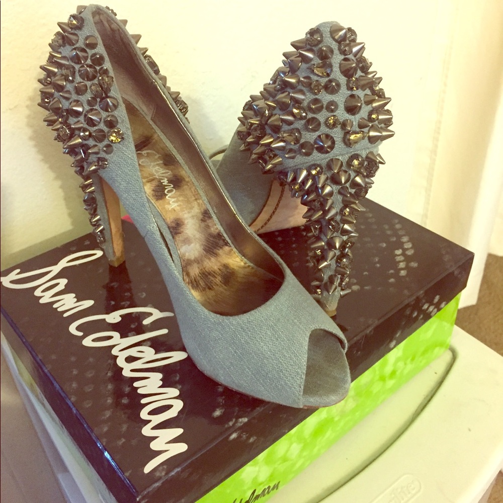 Denim peep toe spike heels