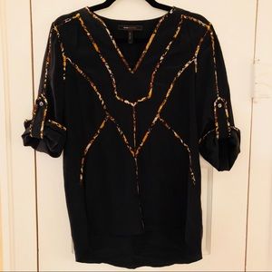 BCBG Black Top with Animal Print Trim, Size XXS