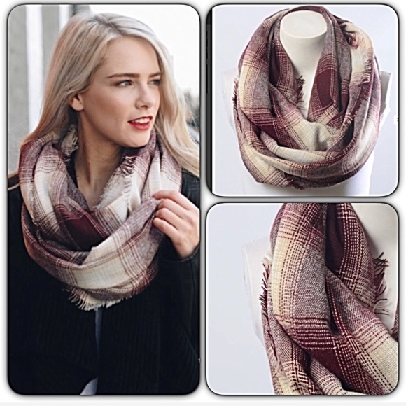 Soft Plaid Infinity Scarf With Raw Edge - Picture 2 of 5