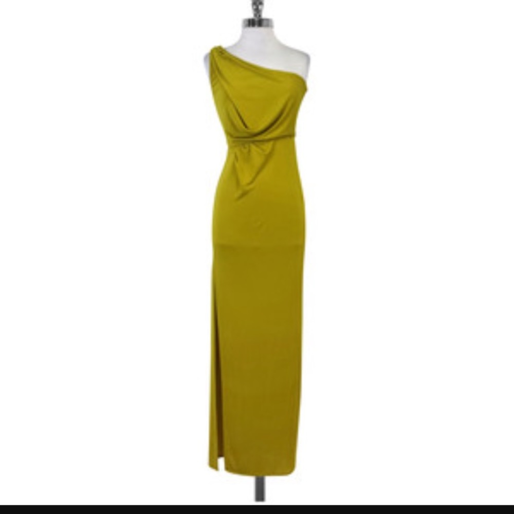 Bundle of BCBG one shoulder dress and earrings.