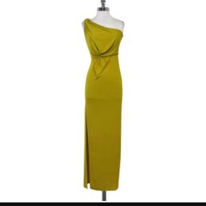 Bundle of BCBG one shoulder dress and earrings.