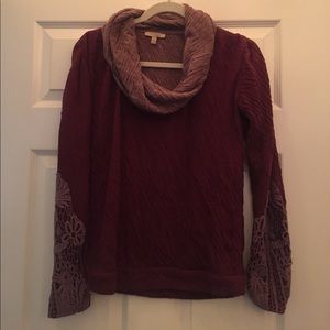 Anthropologie Bordeaux Embroidered Cowl Neck