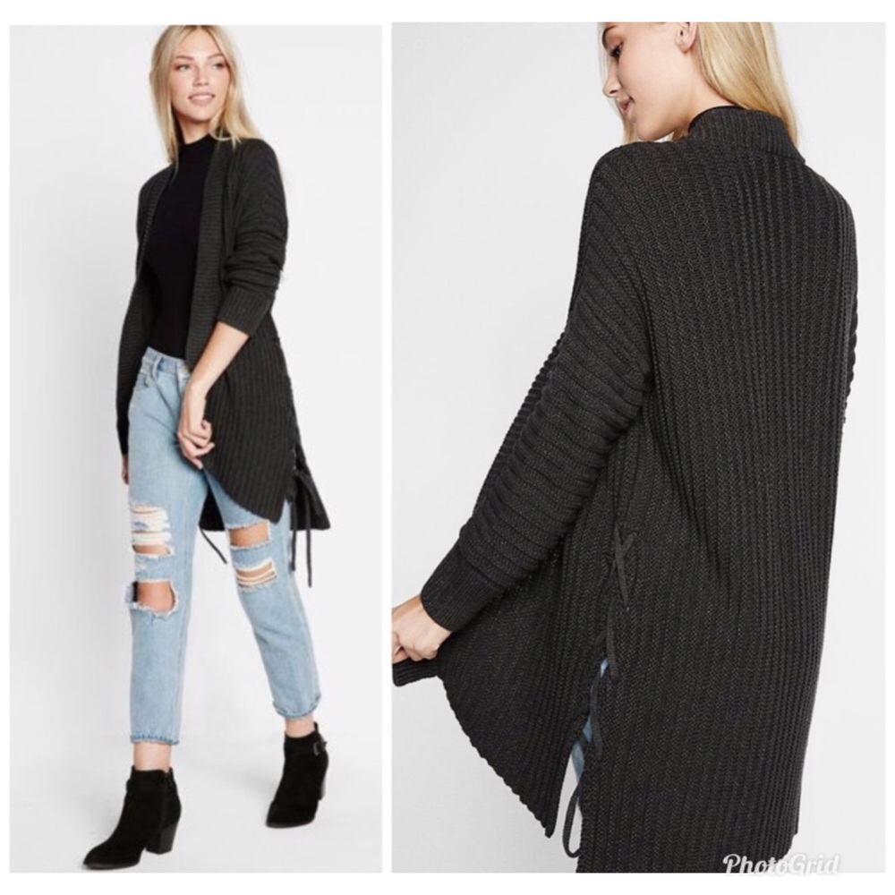 EXPRESS GRAY RIBBED SIDE LACE UP SWEATER CARDIGAN